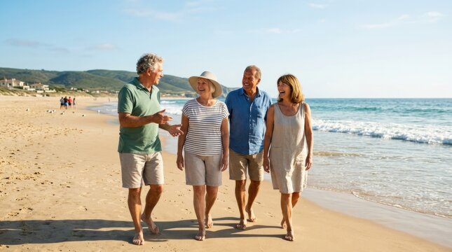 Happy Senior Friends Walking and Laughing Together on Sunny Beach During Seaside Vacation