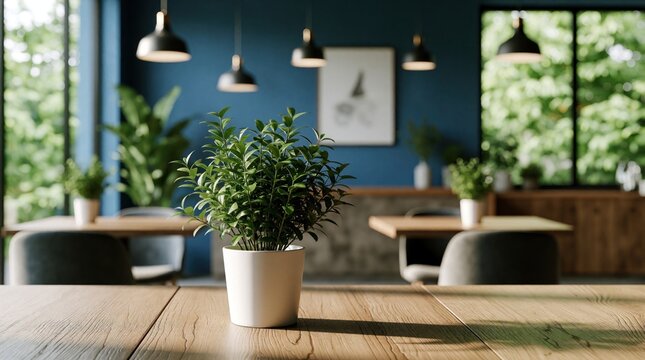 Green potted plant sits on wooden table in modern cafe. Minimalist interior with blue wall, stylish pendant lights, cozy seating. Natural sunlight enters through large window, creating calm
