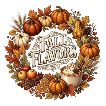 Decorative autumn wreath illustration with pumpkins fall leaves cinnamon sticks apples and a cup of coffee
