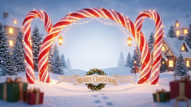 Christmas candy cane archway with festive lights and snowy winter landscape background