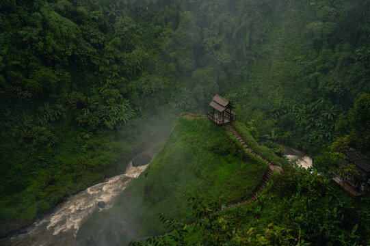 Misty Tropical Rainforest Viewpoint at Tad Gneuang Waterfall in Champasak Laos, Paksong.