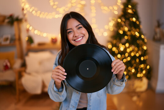 Young latina woman holding a vinyl record and smiling at the camera in a cozy home decorated for Christmas, with a Christmas tree and warm festive lights in the background. 