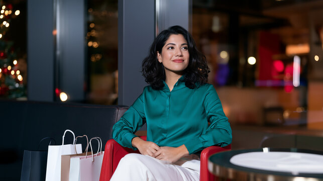 Hispanic woman sitting with shopping bags during Christmas shopping, wearing a teal blouse and white pants in a festive retail setting with warm holiday lights. 