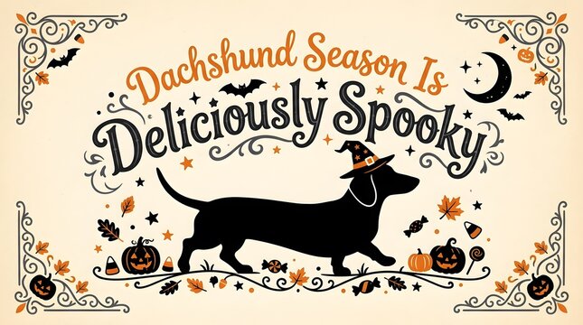 Black dachshund wearing witch hat surrounded by halloween decorations and fall foliage