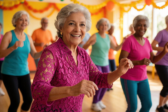 Happy senior women enjoy dance class in bright studio. Group of active elderly people exercise together to improve health, mobility. Smiling mature women practice fitness movement for wellness,