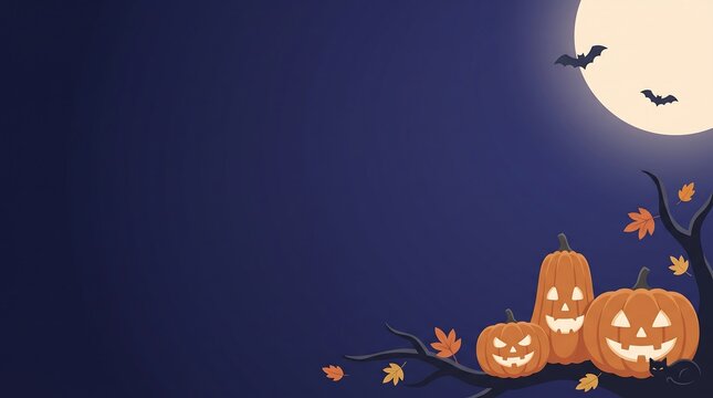 Halloween night scene with glowing jack-o-lanterns and flying bats under full moon