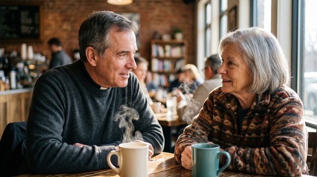 Catholic priest in clerical collar talking with senior woman in cafe. Pastoral care and counseling concept. Senior parishioner having coffee with priest