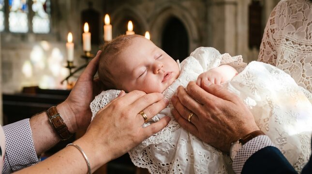 Sleeping baby in a white lace gown being held during a baptism ceremony. Infant christening sacrament in a church with candles