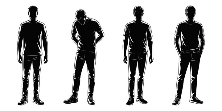 Four male figures illustrated with white outlines on a black background, showcasing various standing poses, casual attire, and different body stances for reference