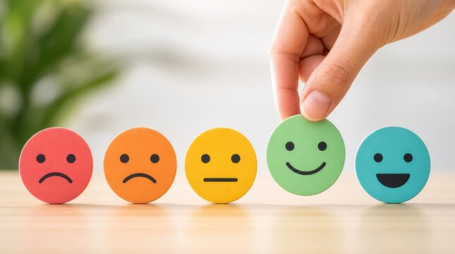 customer service experience personalization. Hand holding a green smiley face among a row of five colorful emotion icons from sad to happy.