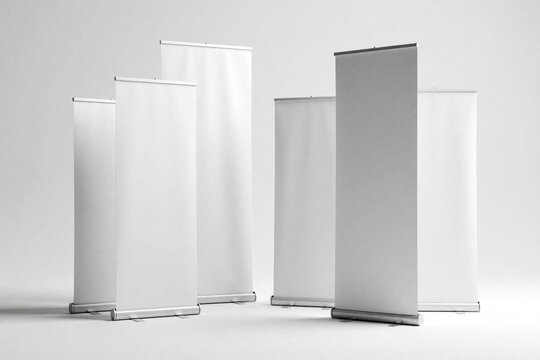 Several blank retractable banner stands stand on a white background. These display poles are ready for your graphic design, logo, or message. Use for event promotion or trade show marketing.