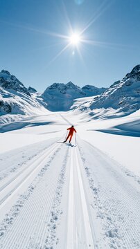 Cross country skier moving along fresh groomed snow trails in a stunning mountain landscape under a bright blue sky