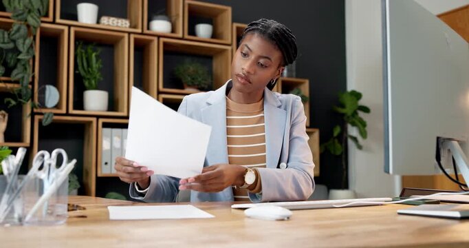 Business, black woman and reading in office with computer, research and email buyer for real estate. Realtor, review and document in workplace with pc, price property and schedule viewing for auction