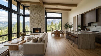 Fototapeta premium A mountain home living room with a stone fireplace, beige sofa, wooden beams, and an open kitchen with a large island