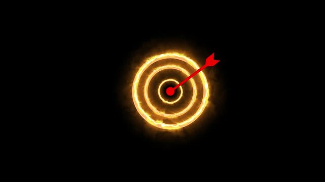 Glowing bullseye target animation with a red arrow striking the center on a black background. Perfect for success, achievement, goal completion, business growth, marketing and motivational video proje