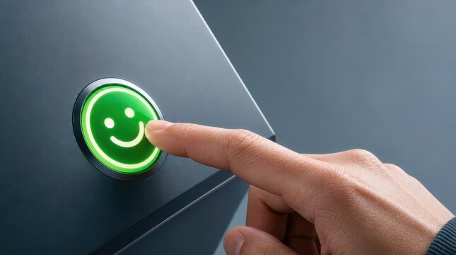 customer service experience personalization. Finger pressing a green smiley face button symbolizing positive feedback or satisfaction.