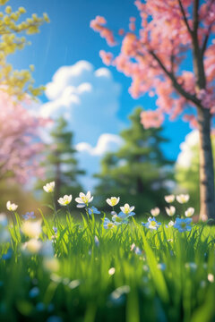 Poster spring wallpaper copy space for text on blur bloom blossom tree flowers meadow AI Generative