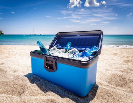 empty blue cooler box open on hot day keeping drinks cold ready for picnic beach or travel