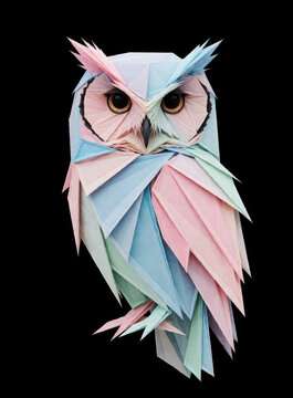Minimalist owl illustration made of geometric paper shards in pastel pink, blue colors. Abstract fractal bird design hangs on black background. Modern digital art with copy space for branding,