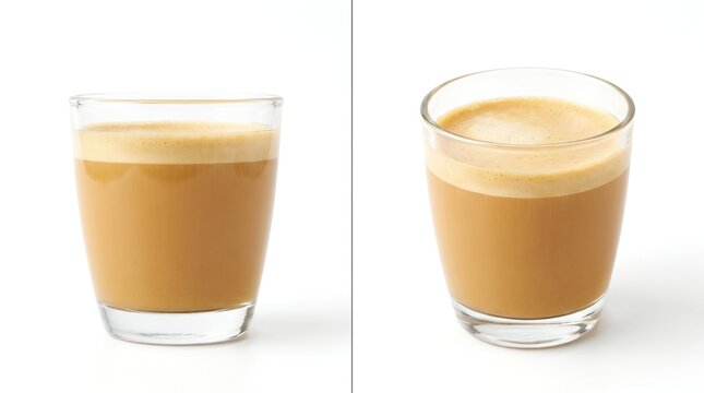 Caf&eacute; Breve Coffee in Clear Glass, Two Angle Studio Product View on White Background