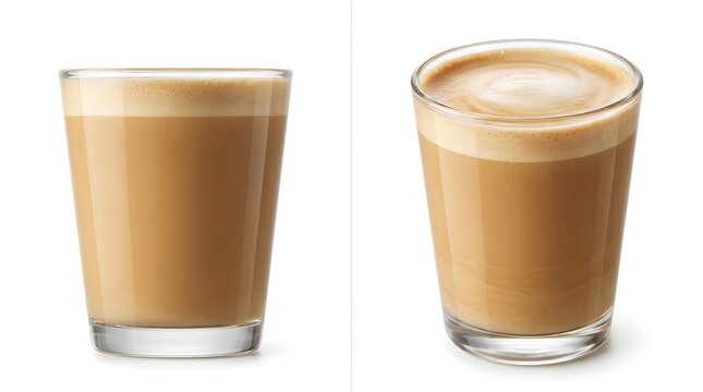 Caf&eacute; Breve Espresso with Steamed Half-and-Half in Clear Glass, Two Angle Views on White Background