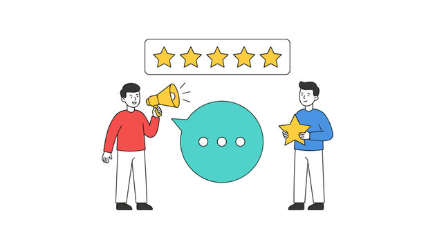 Two colleagues holding a star and megaphone sharing positive client testimonials for five star business rating reviews.