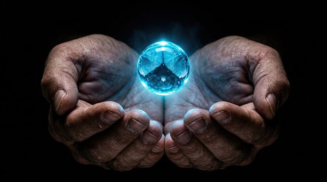 Cupped hands holding a glowing blue orb of water.