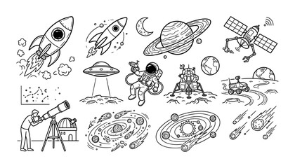 Obraz premium Hand drawn space exploration collection featuring rockets, astronaut, satellite, rover, planets and astronomy equipment