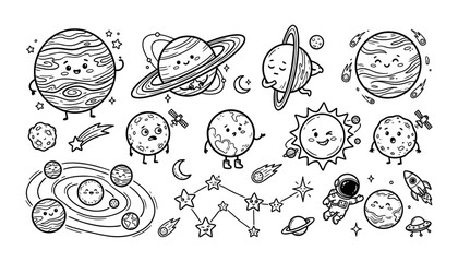 Cute hand-drawn outer space collection featuring planets, stars, astronaut, rocket and solar system © Mst