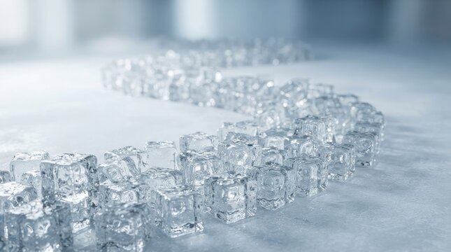 Curved line of ice cubes on white surface.