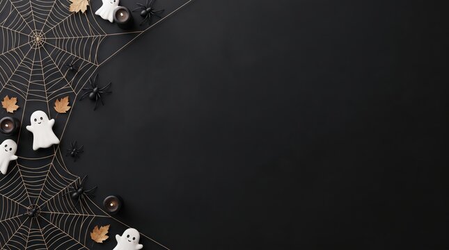 A top-down flat lay shot showcases spooky halloween decorations like white ghosts, spider webs, and golden leaves artfully arranged on a black background, creating a festive border with copy space