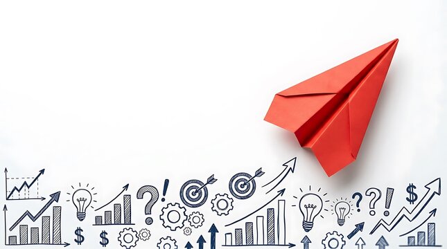 Red paper airplane flying over business growth strategy icons and financial charts