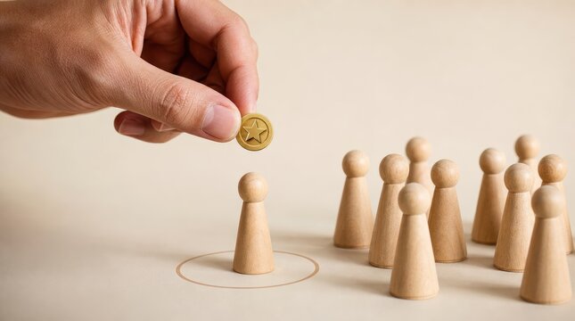 customer service experience personalization. Hand placing a coin on a wooden figure isolated in a circle, separate from a group of wooden figures.