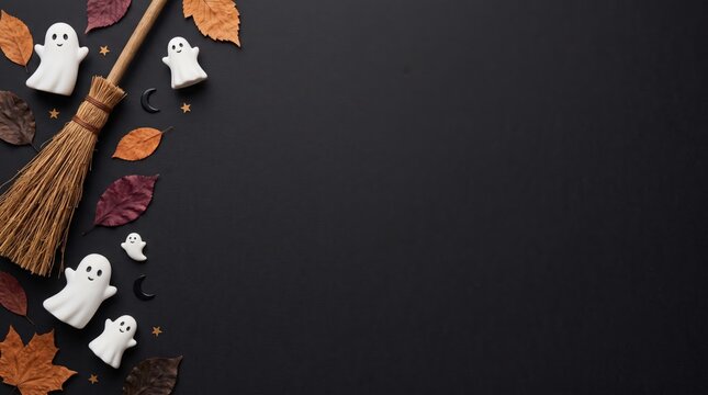 Top-down view of halloween decorations: white ghost candies, autumn leaves, and a witch's broom, forming a spooky border on a black background with copy space.