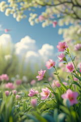 Obraz premium Poster spring wallpaper copy space for text on blur bloom blossom tree pink flowers AI Generative