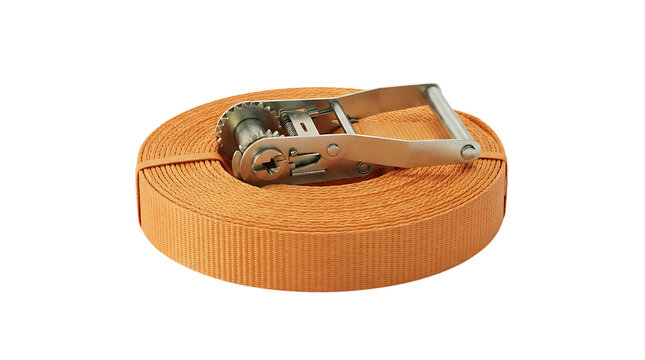 Orange heavy duty ratchet tie down strap coiled for securing cargo during transport and travel isolated on transparent background