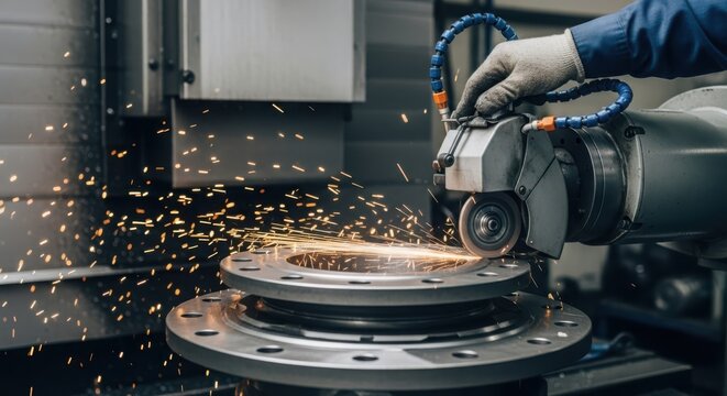 Skilled worker meticulously grinding a metal component with sparks flying in a busy industrial workshop.
