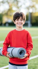 Fototapeta premium Smiling young boy holding a rolled exercise mat, ready for sport and fitness activity on a green field