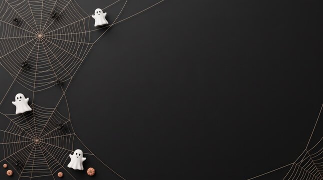 A top down flat lay of spooky halloween decorations: spiderwebs, white ghosts, and black spiders bordering a black background with copy space.