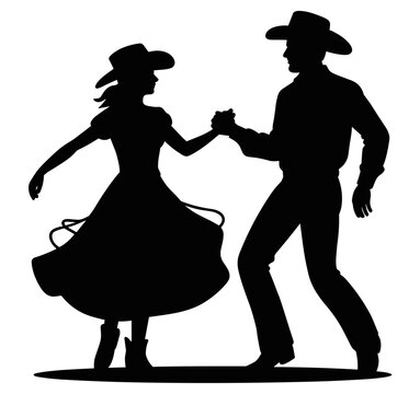 Black silhouette of a couple dancing in western style, man wearing a cowboy hat and woman in a flowing dress, isolated on a white background