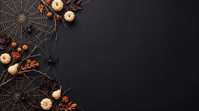 Elegant halloween frame: top down flat lay spiderwebs, white pumpkins, autumn leaves, spiders, dark copy space on black background for sophisticated spooky mood.