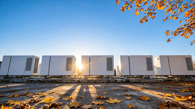 Row of outdoor heat pump units and HVAC air conditioning systems in autumn with bright sun flare