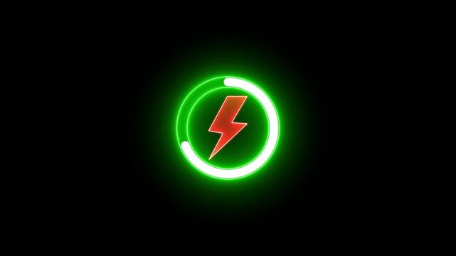 Neon green charging progress circle with red lightning bolt animation loading battery energy