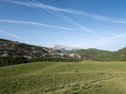 Rolling green hills with mountains under clear sky