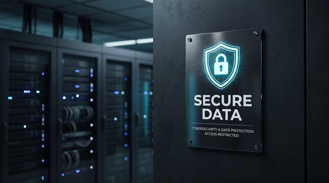 A close-up view of a 'SECURE DATA' sign with a padlock icon on a server rack in a modern data center, emphasizing cybersecurity and restricted access to sensitive information.