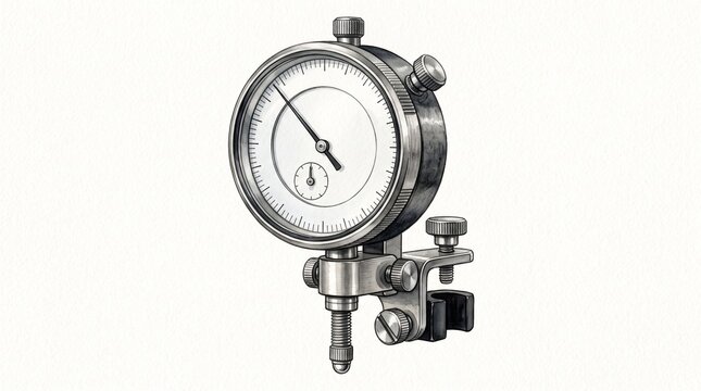 Precision Dial Indicator Gauge for Mechanical Measurement and Alignment, Technical Watercolor Illustration on White