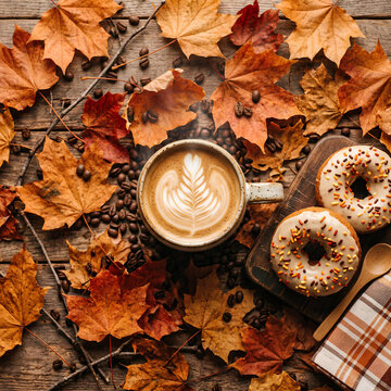 Latte with donuts on autumn leaves over wood.