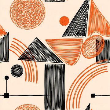Seamless pattern with hand drawn geometric shapes and scribbled textures in orange and black