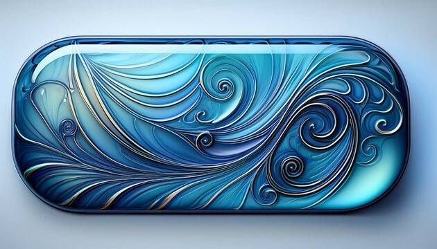 a blue glossy rounded rectangle with swirling patterns and a small tab