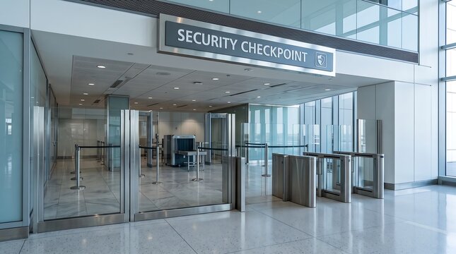 A modern security checkpoint with turnstiles and glass walls inside a building.